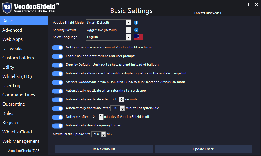 VoodooShield setting screen