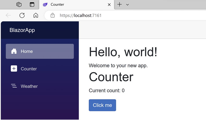 The home page now contains a Counter that displays a count and button.