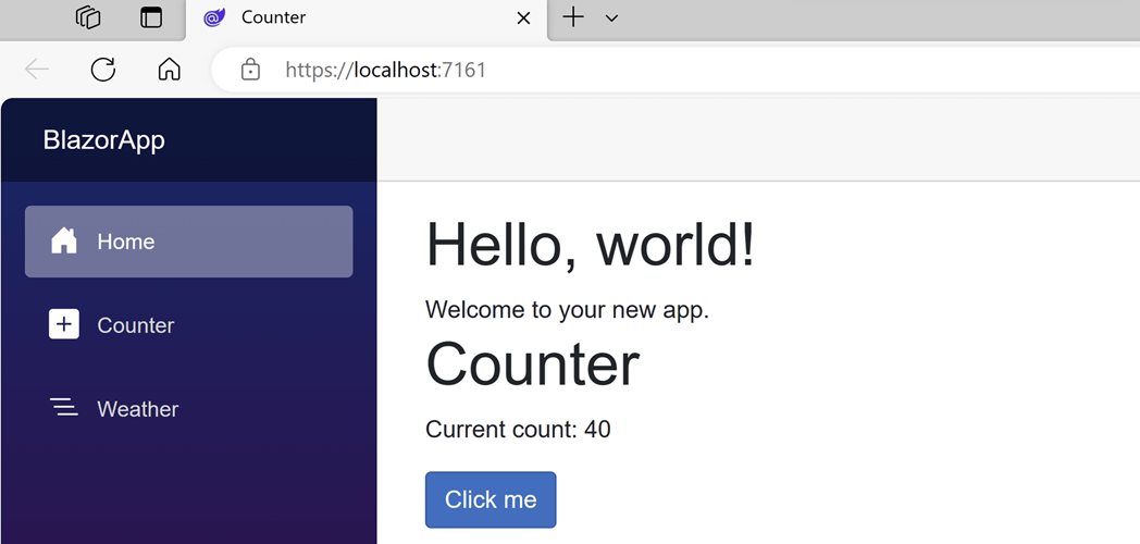 The homepage now contains a Counter that increments by 10 showing counter at 40.