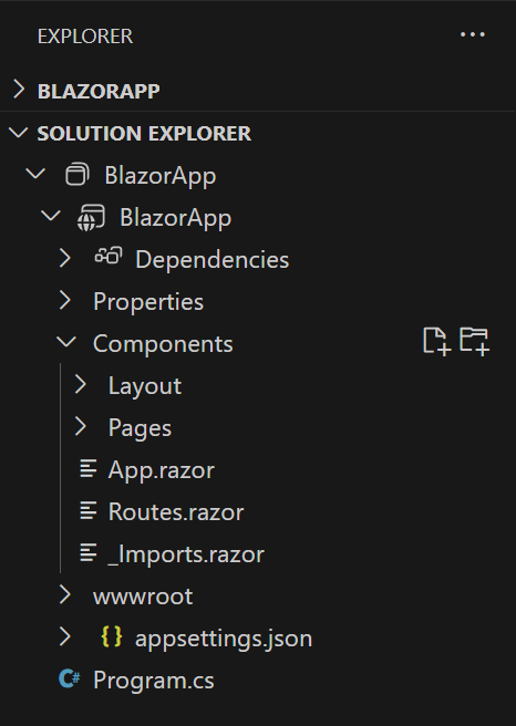 Solution Explorer contains a list of folders and files created for your project