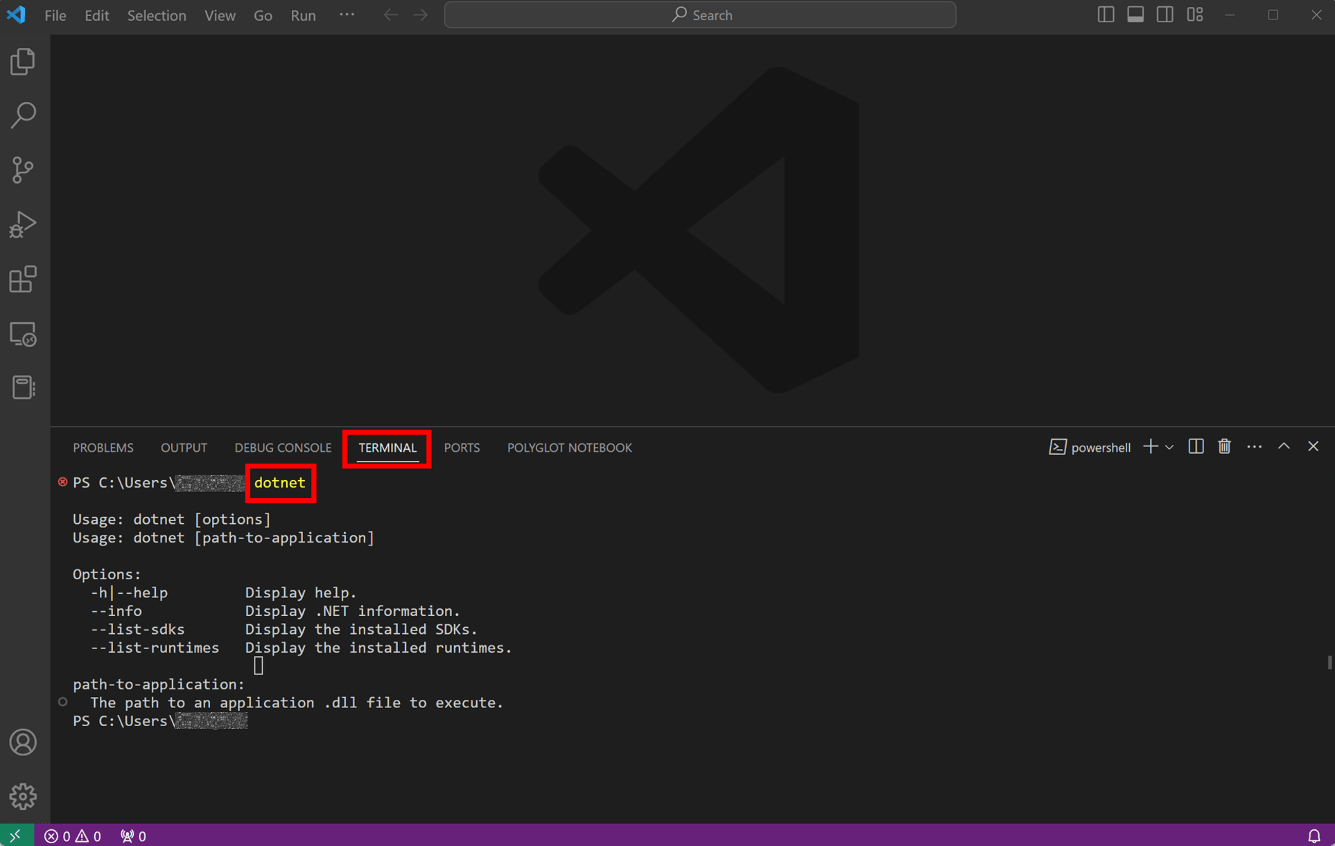 Run dotnet command in VS Code Terminal