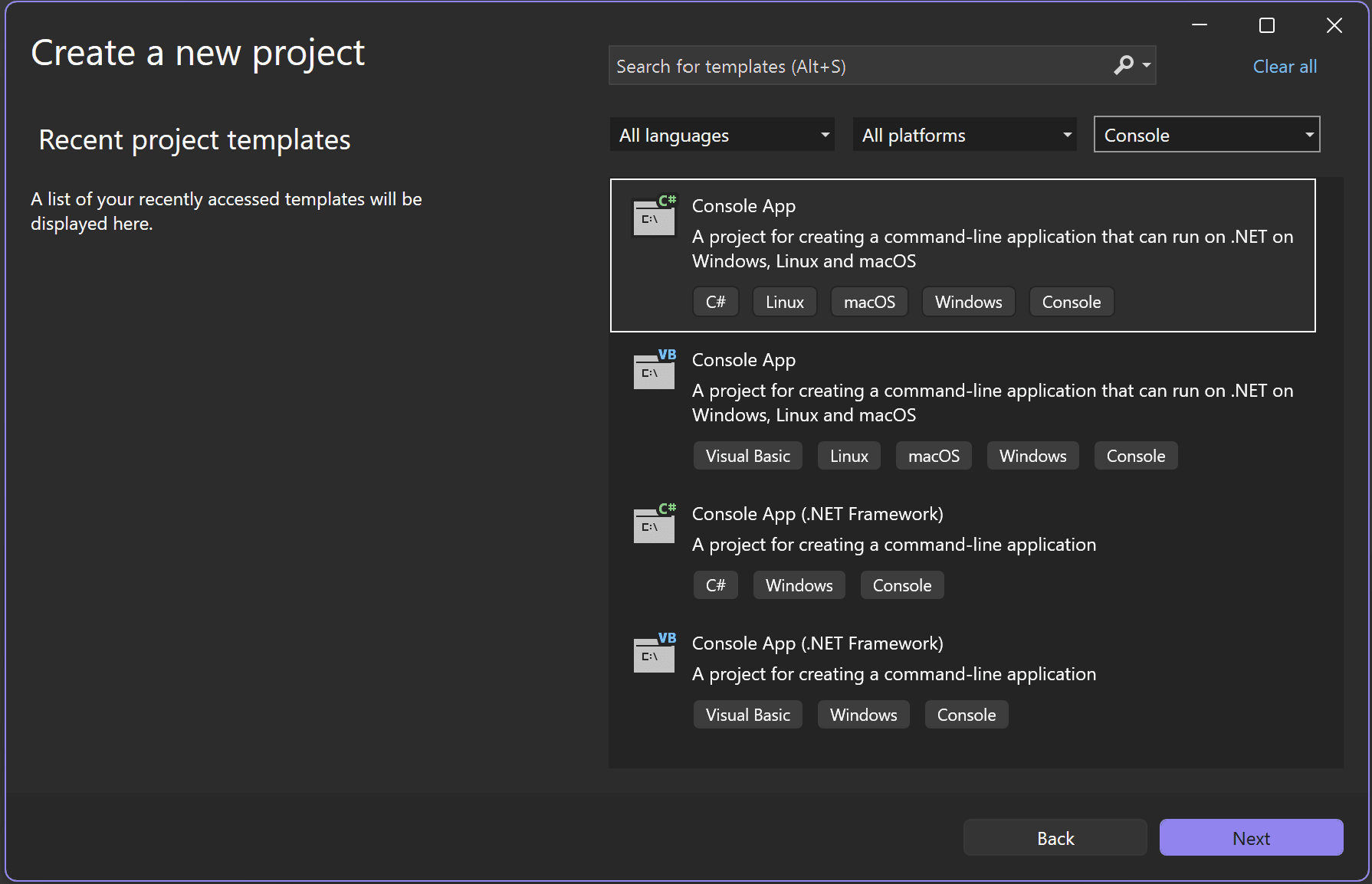 Screenshot of Visual Studio start screen.
