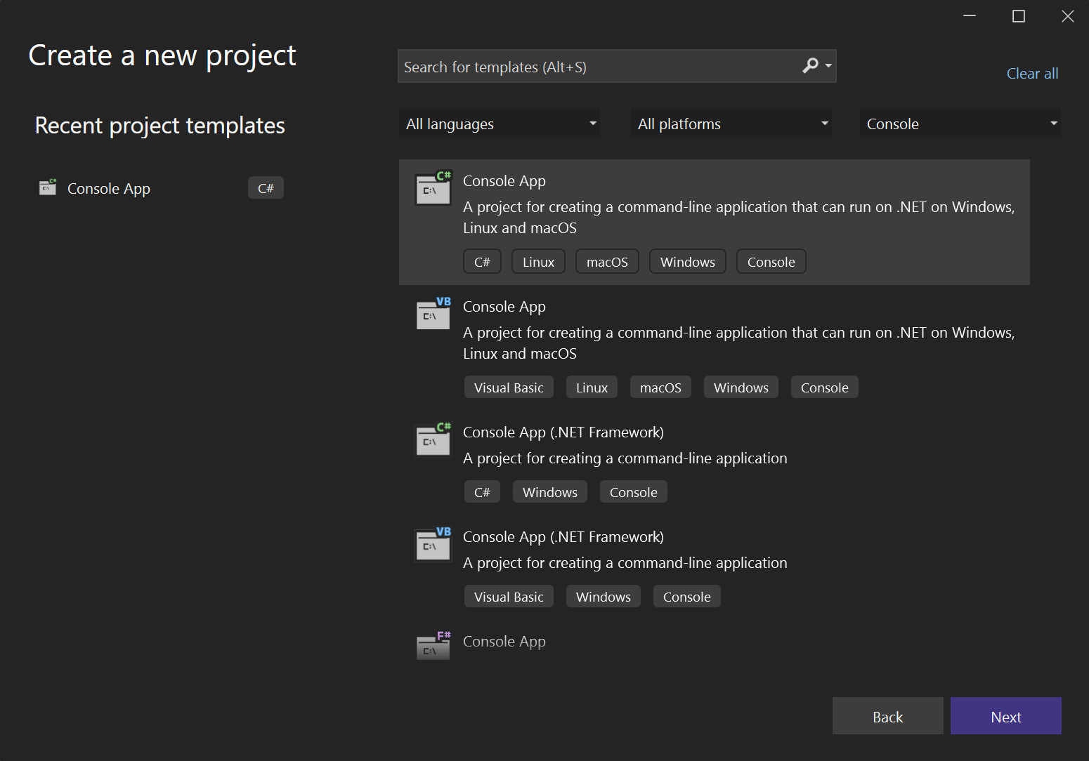 Screenshot of Visual Studio start screen.