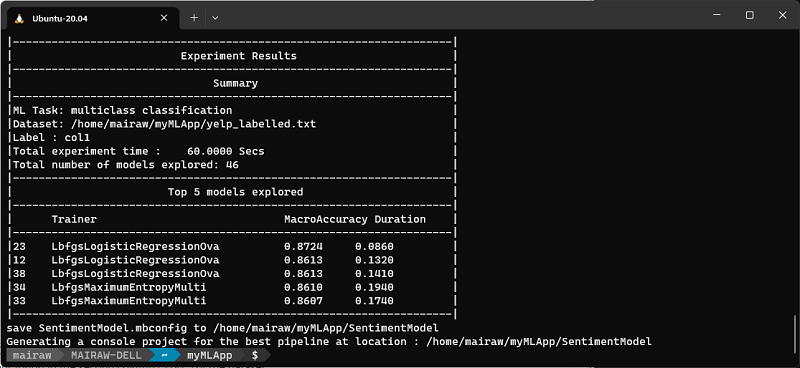 ML.NET CLI results