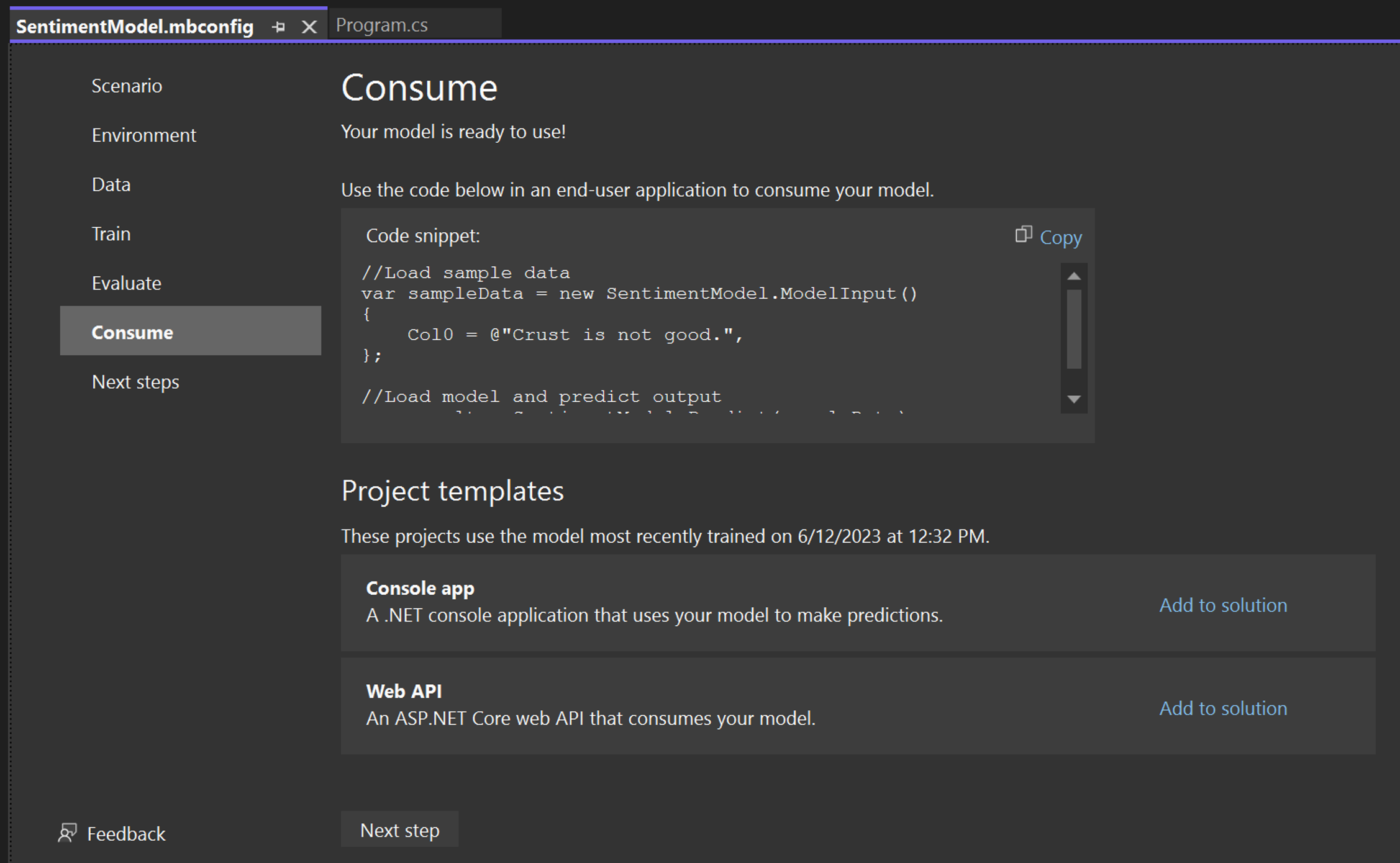 Model Builder's Consume Window'