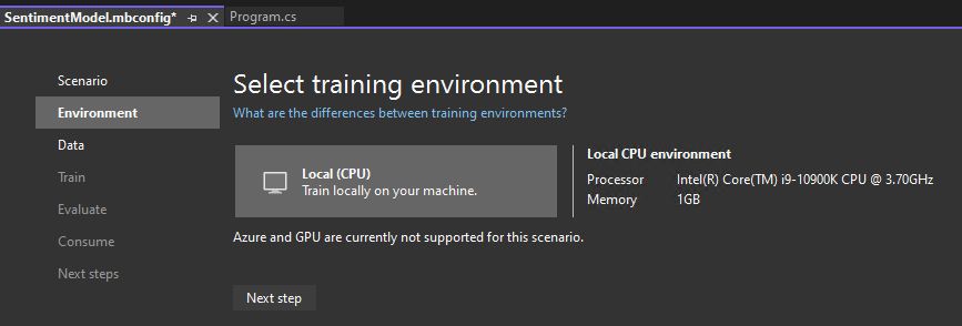 Local training environment is selected in Model Builder.