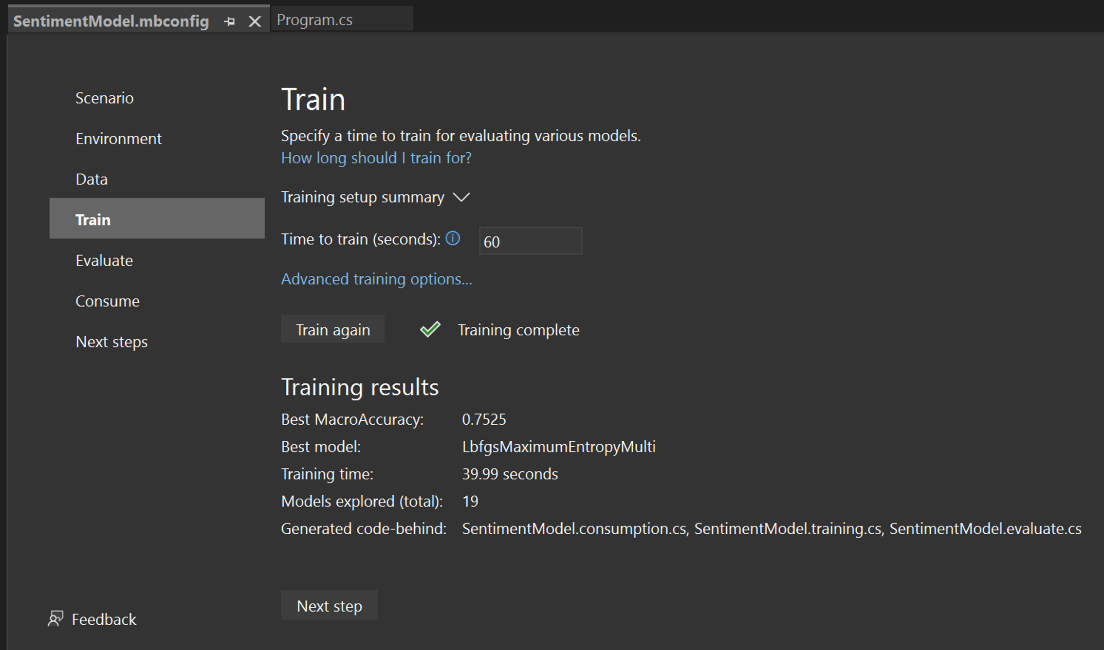 Model Builder Training Done