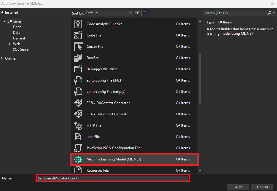 Add New Item dialog showing Machine Learning Model (ML.NET) selected and SentimentModel.mbconfig as the file name.