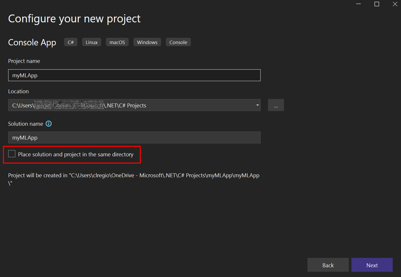 Screenshot of Visual Studio project configuration screen.