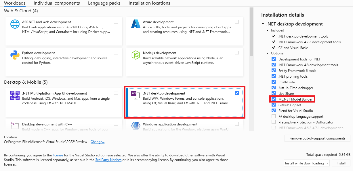 Model Builder component in Visual Studio Installer.