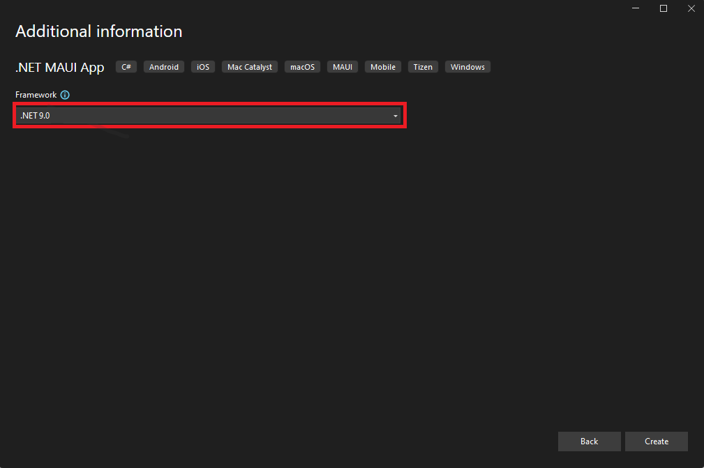 Visual Studio additional information dialog showing .NET 8.0 in the Framework drop-down.