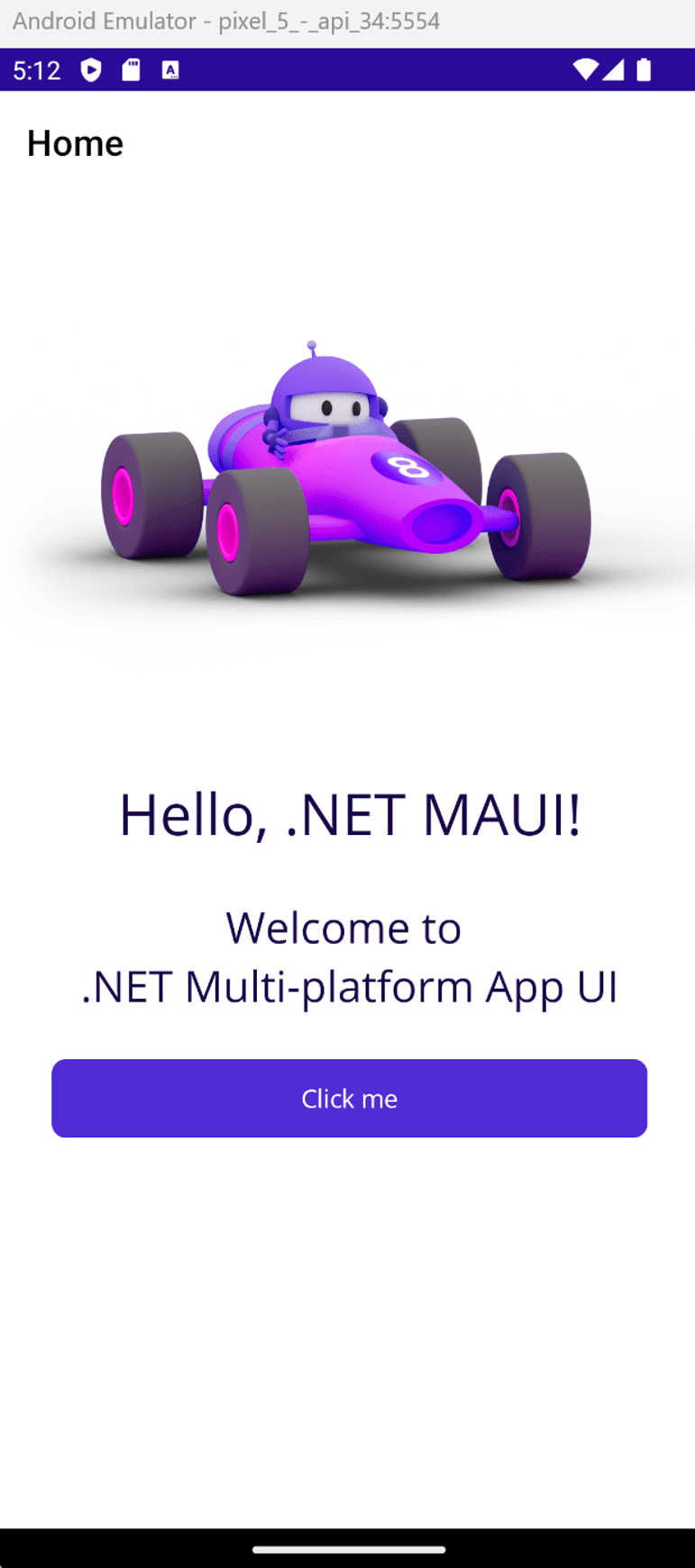 Android emulator running the .NET MAUI app. A 'Hello, .NET MAUI!' message is displayed.