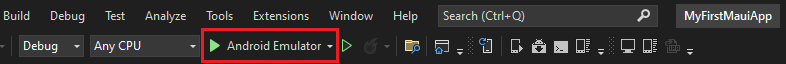 Visual Studio 2022 toolbar menu showing 'Android Emulator' as the debug target.