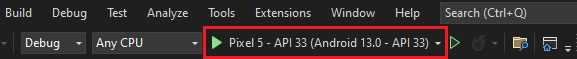 Android emulator Pixel 5 set as debug target.