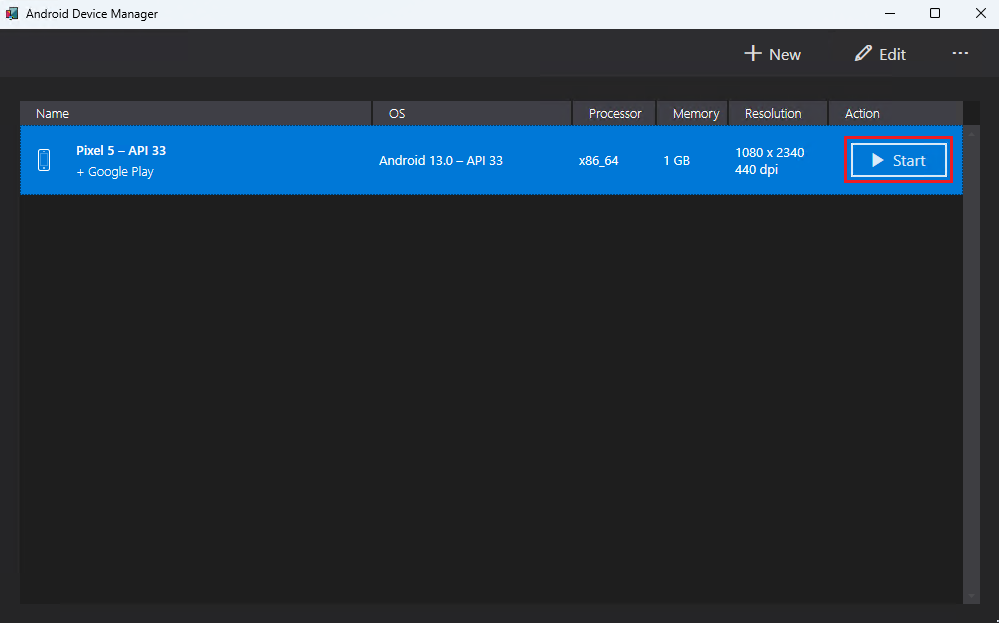Android emulator manager showing that the emulator has been created and ready to run.