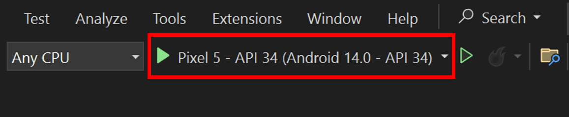 Visual Studio 2022 toolbar menu showing the newly created Android emulator as a debug target.