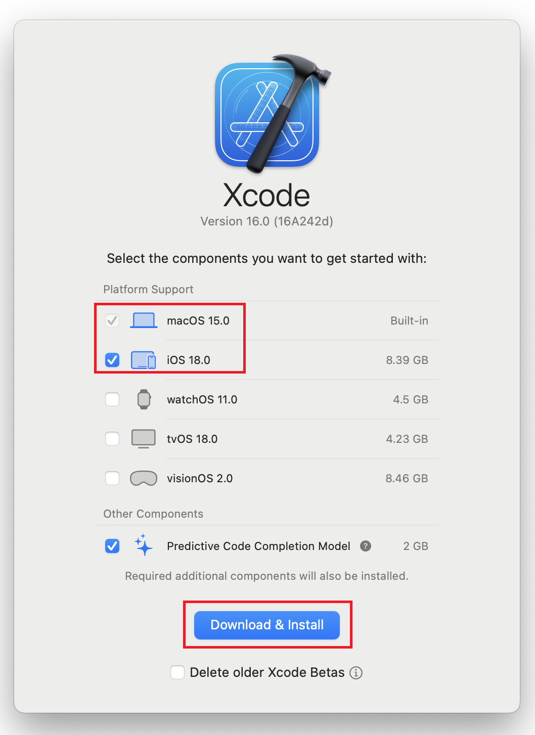 Xcode's prompt to install macOS and iOS platforms