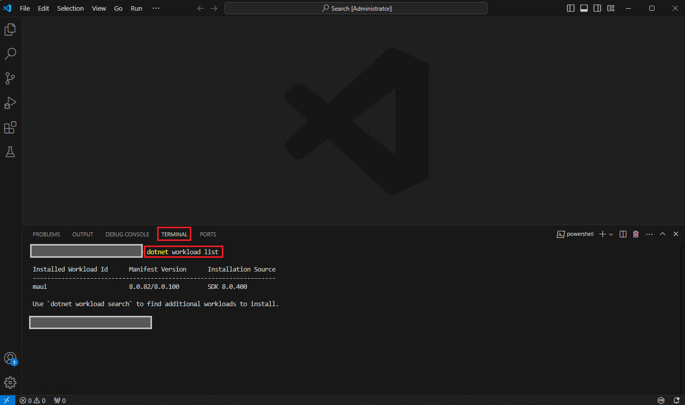 Run dotnet workload list command in VS Code Terminal