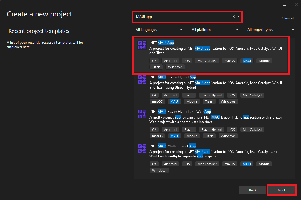 Visual Studio new project dialog with .NET MAUI App selected
