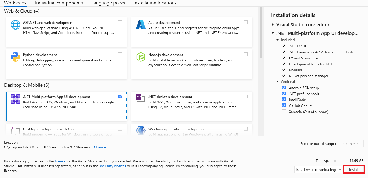 Visual Studio Installer with the Mobile development with .NET workload selected