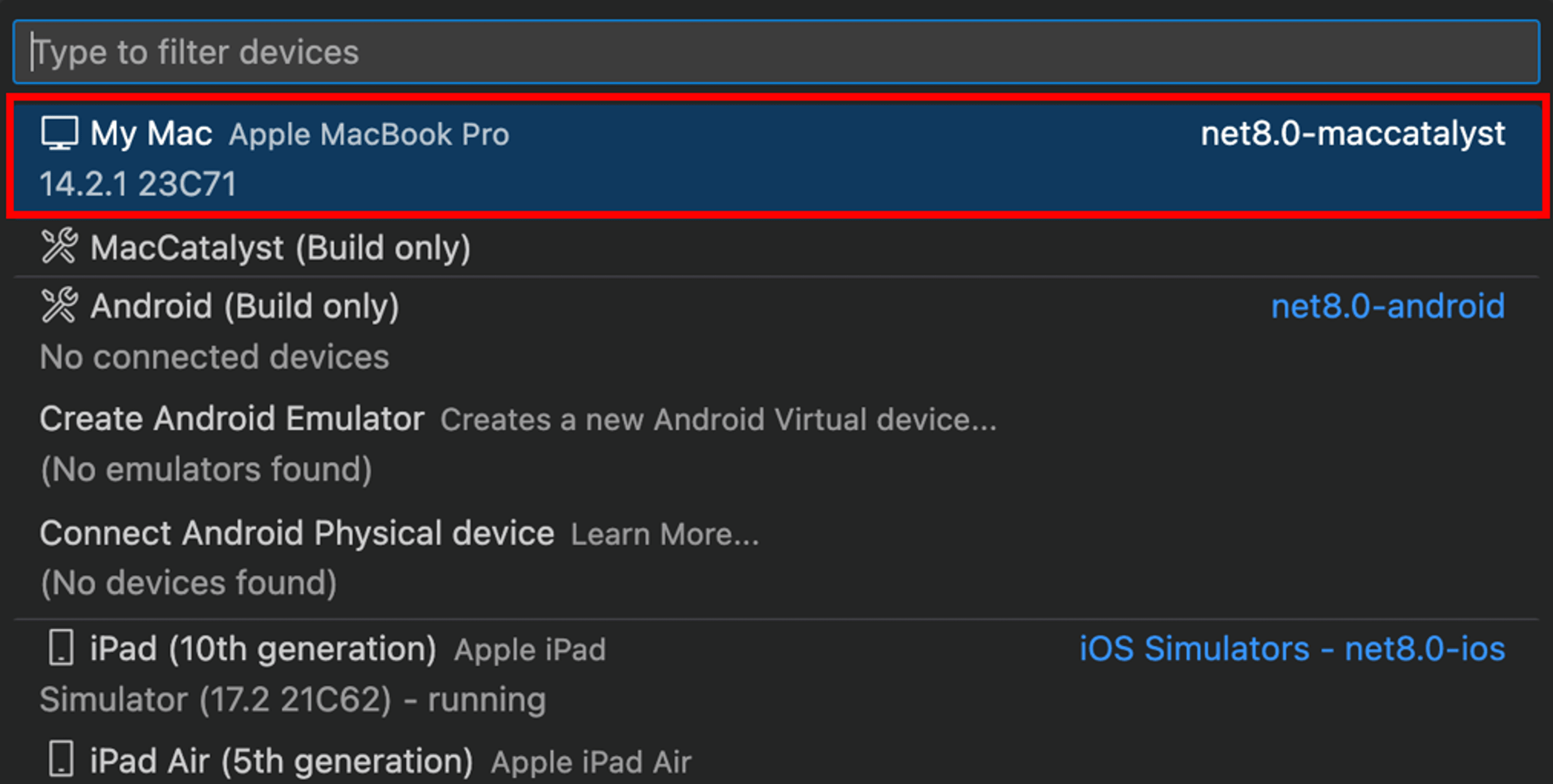 VS Code debug target list