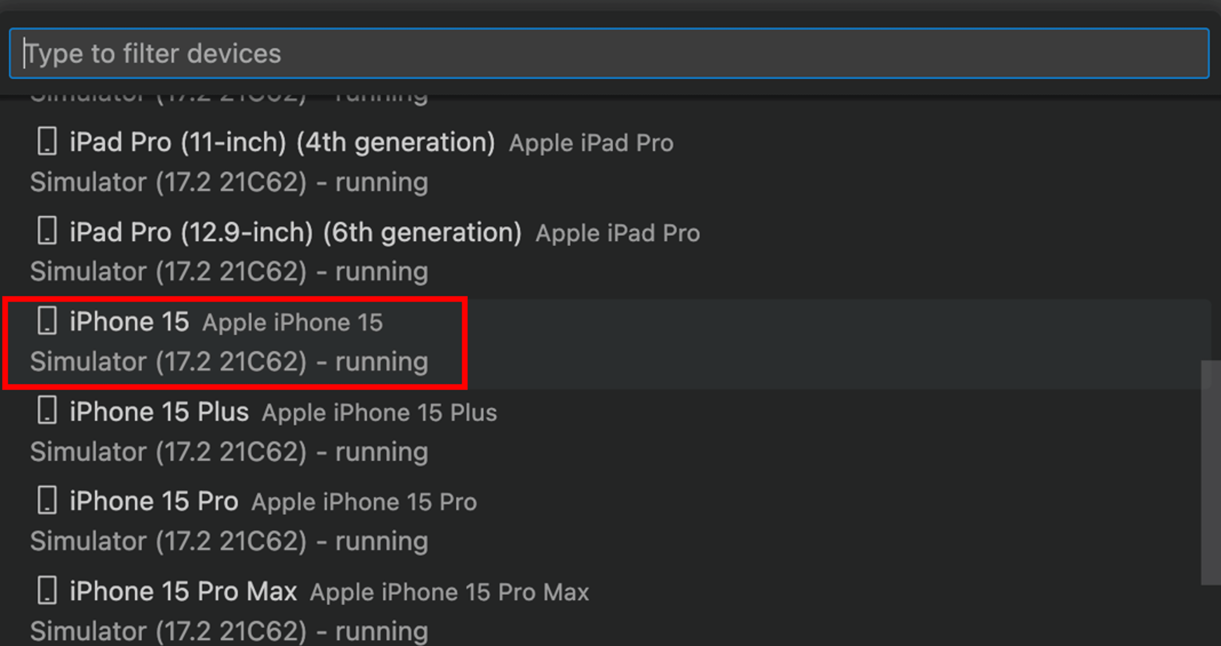 Debug target list with iPhone 15 highlighted