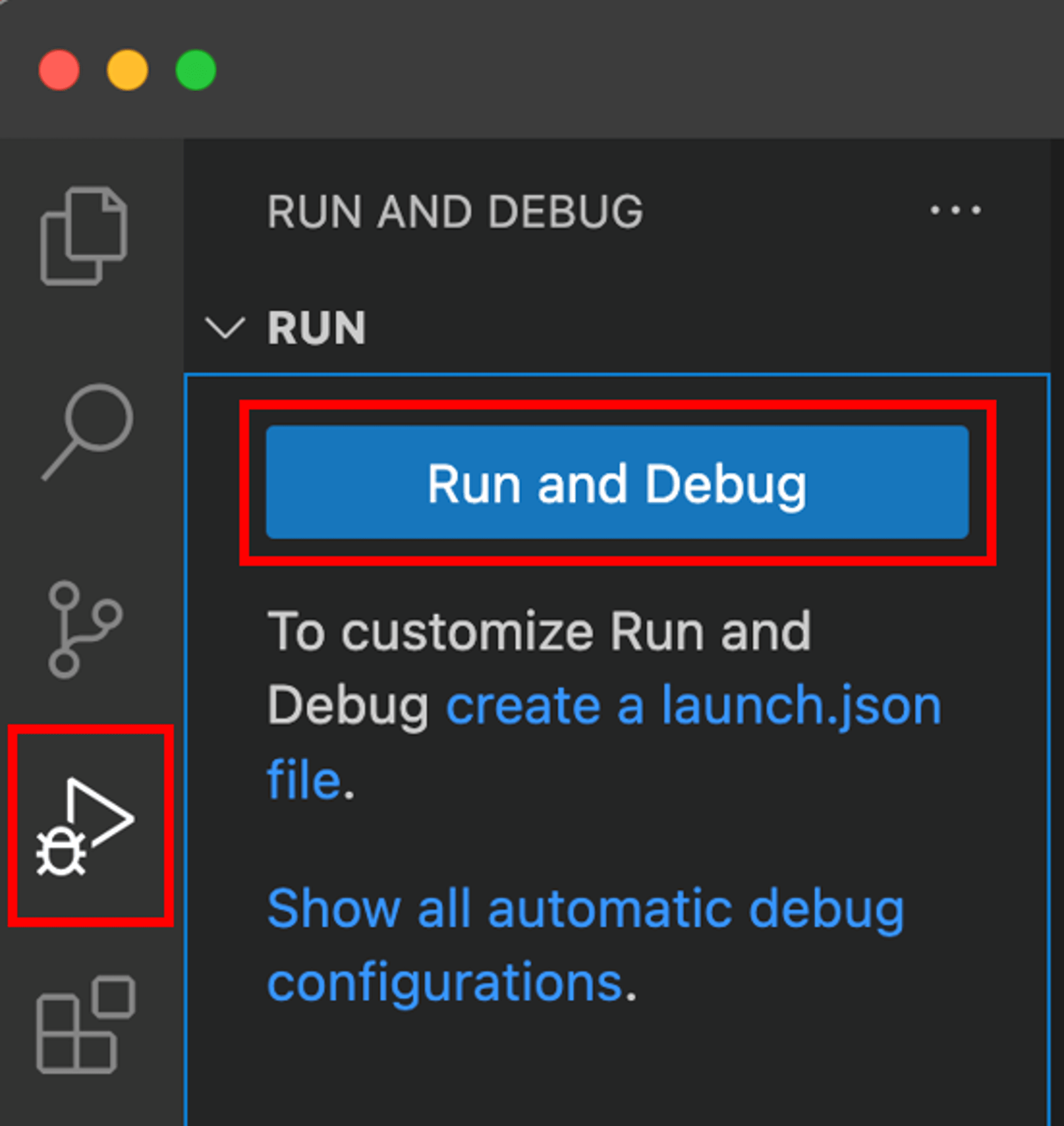 VS Code run and debug pane