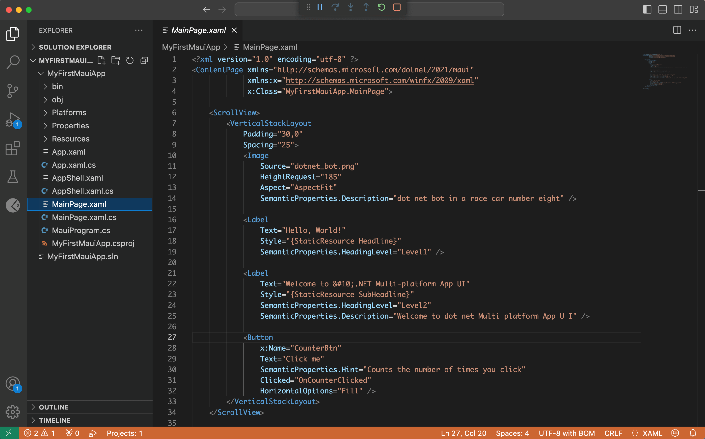 Solution Explorer pane with MainPage.xaml file highlighted.