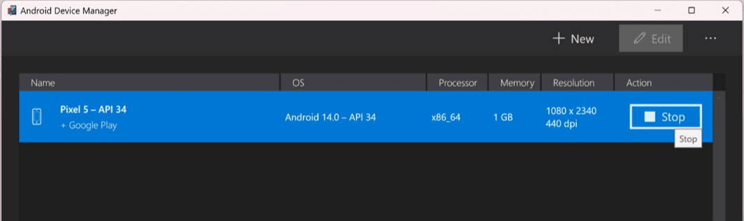 Visual Studio 2022 toolbar menu showing the newly created Android emulator as a debug target.