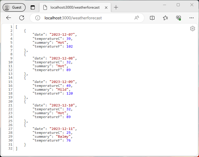 The API endpoint returns JSON data containing weather forecast information
