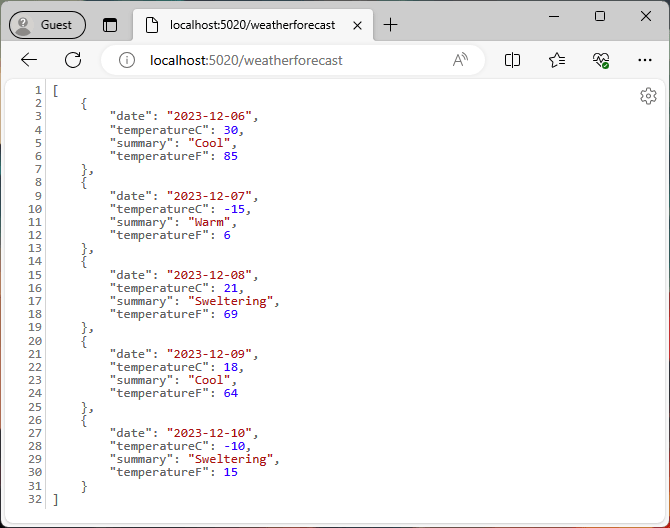 The API endpoint returns JSON data containing weather forecast information