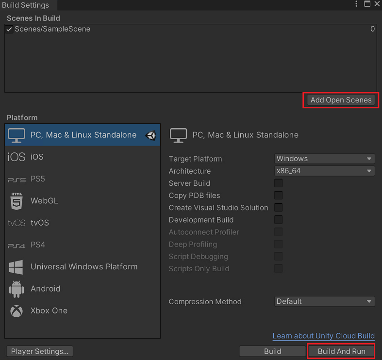 The build dialog in the Unity editor