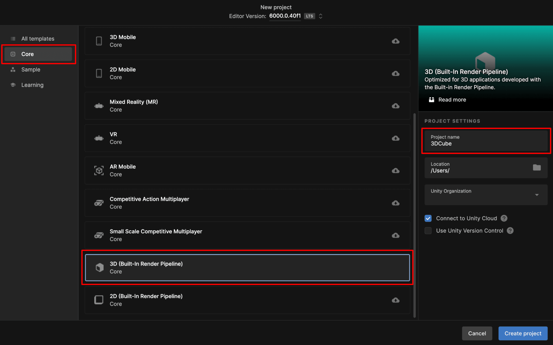 Unity Hub prompt to choose a project type and name