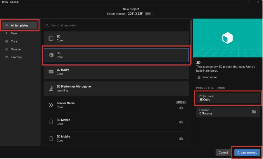 Unity Hub prompt to choose a project type and name