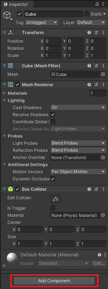 The inspector window when the cube is selected with the Add Component button highlighted