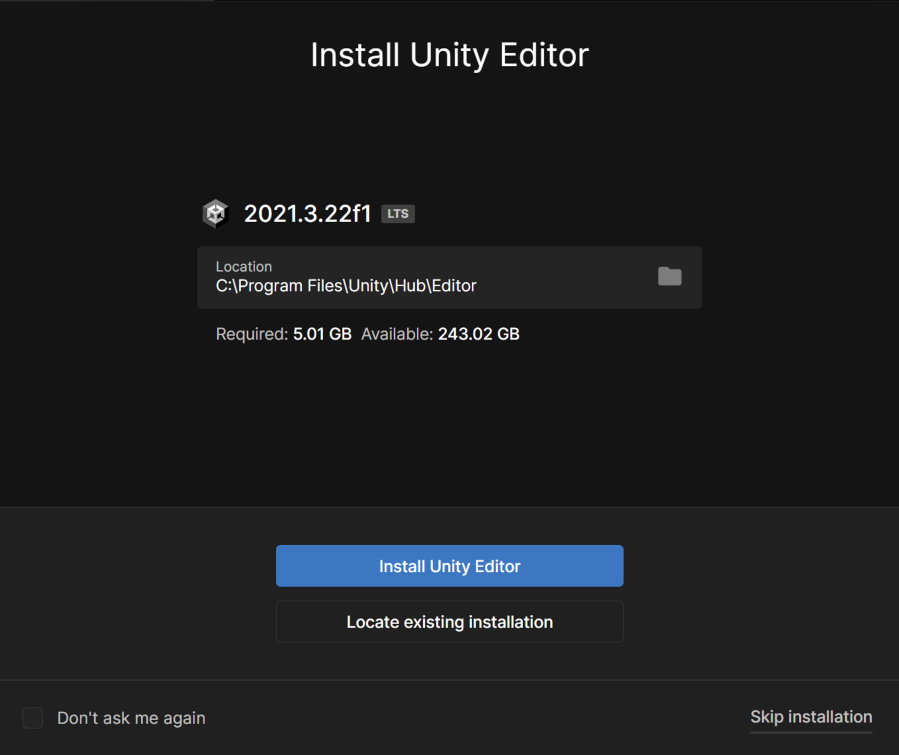 Unity Editor Install Screen