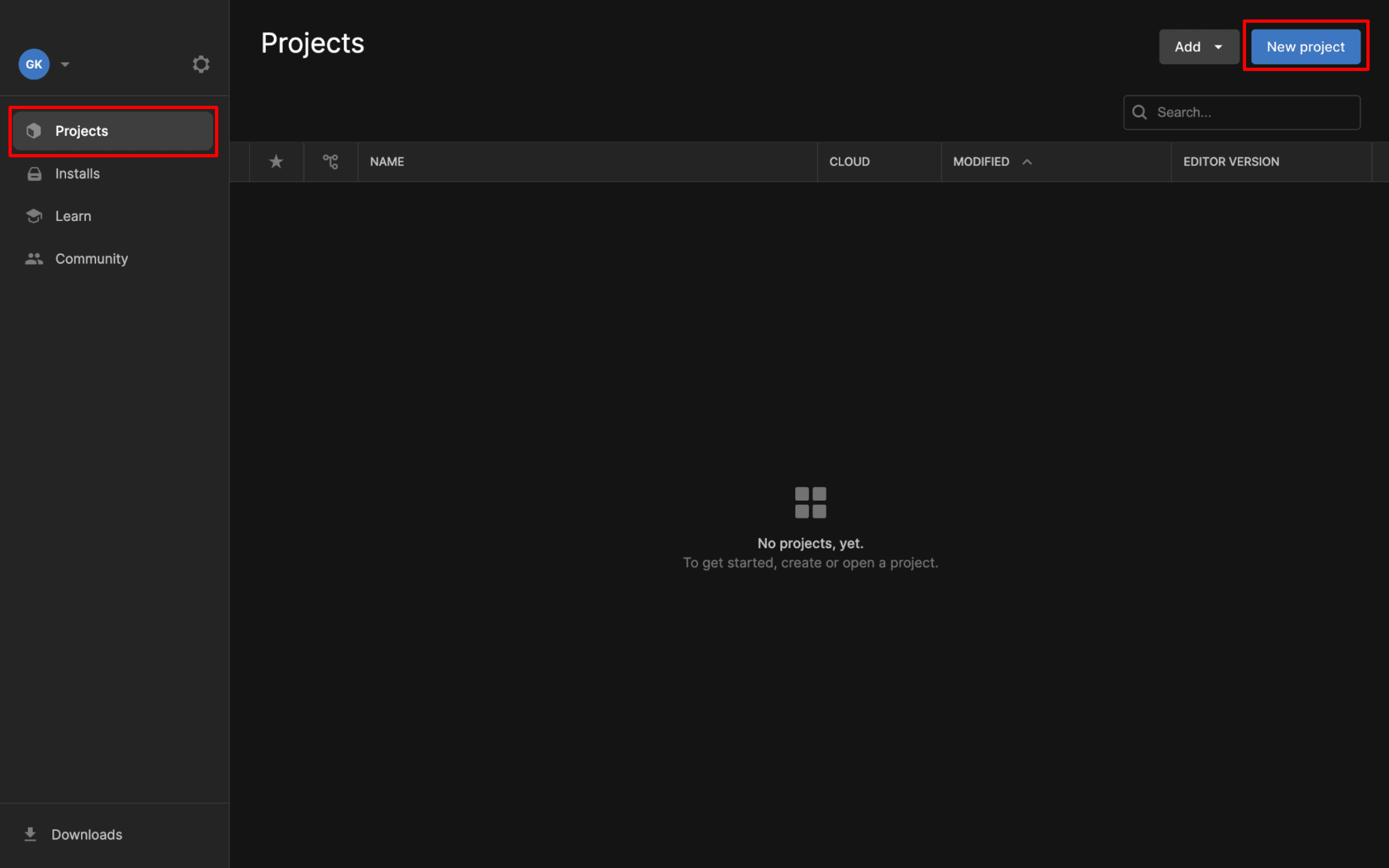 Unity Hub New project button