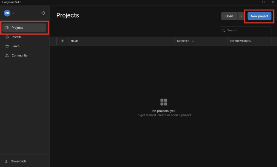 Unity Hub New project button