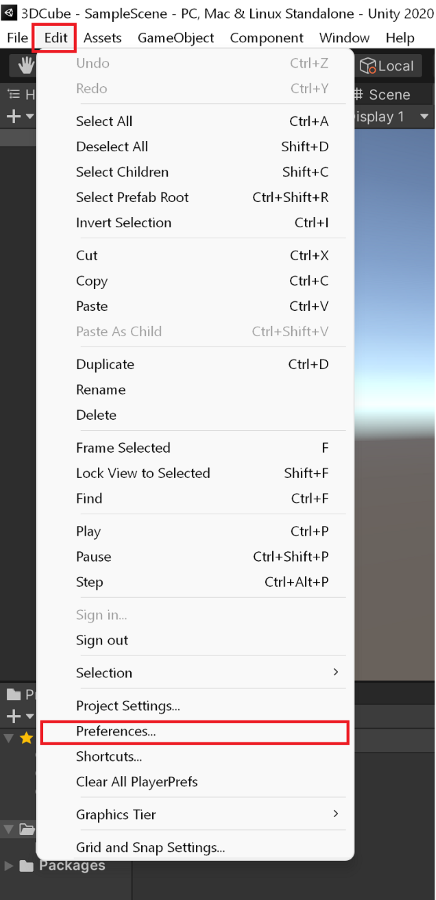 Unity's preferences under the Edit menu