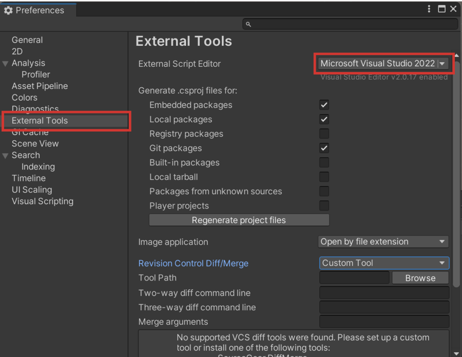 Unity's preferences dialog window with Visual Studio 2022 chosen as the external editor