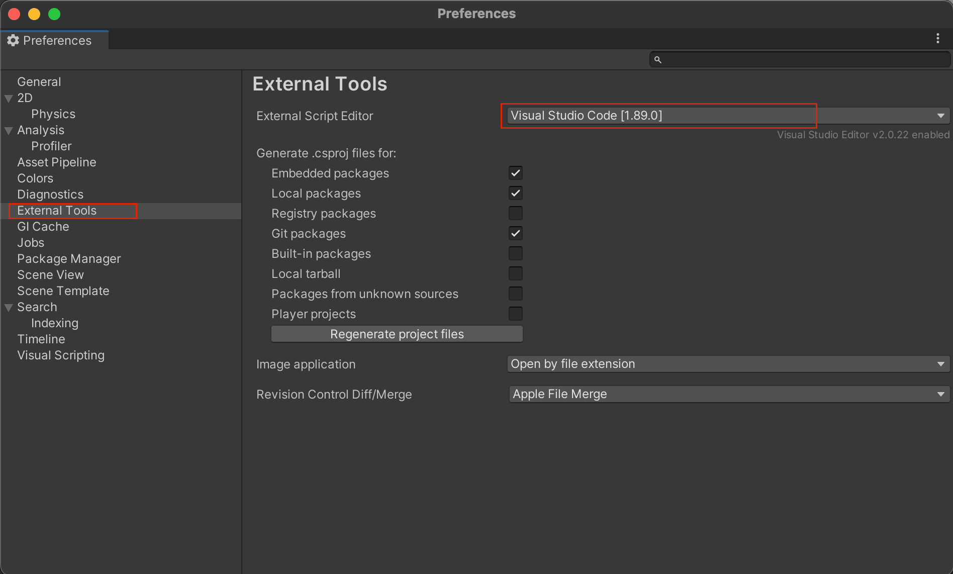 Unity's preferences dialog window with Visual Studio Code chosen as the external editor