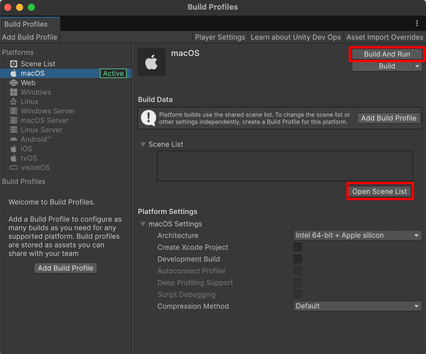 The build dialog in the Unity editor