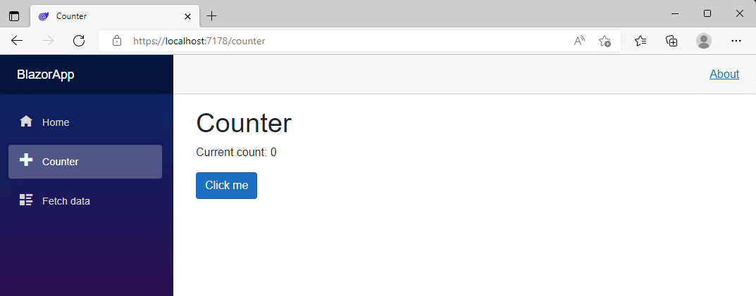 The Counter page presents a Click me button to increment the count showed on the page.