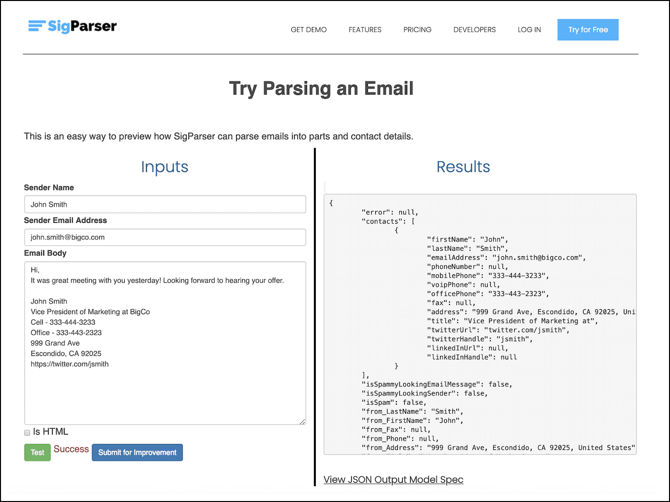 The SigParser application lets you provide a sample email and preview the metadata it is able to determine about the email.