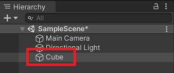 The Unity scene hierarchy with a cube game object chosen