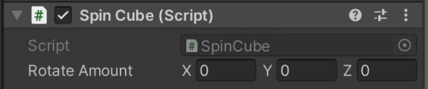 The spinning cube component showing x,y,z editable values in the Unity Inspector window