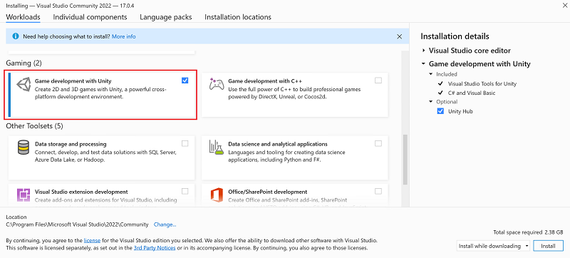 Visual Studio workloads dialog with the Game development with Unity workload selected