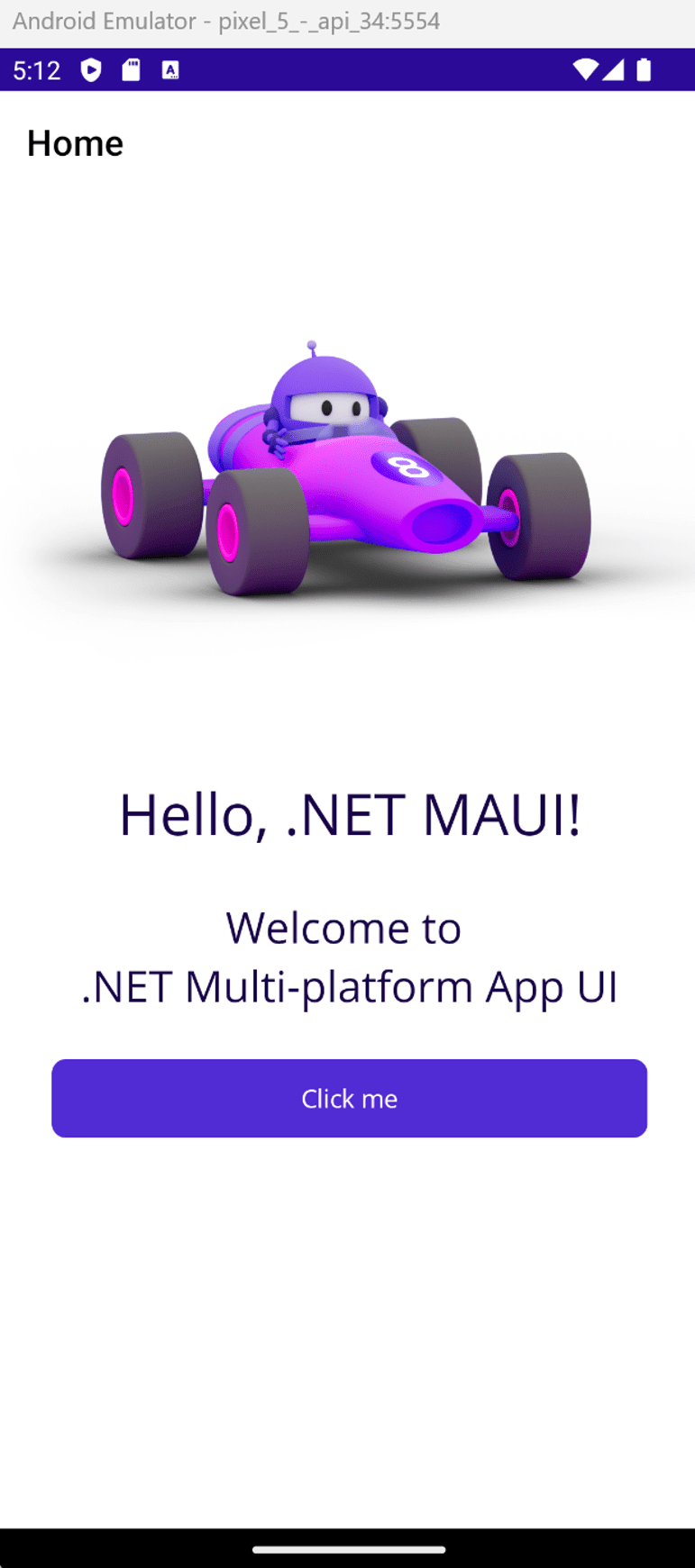 Android emulator running the .NET MAUI app. A 'Hello, World!' message is displayed.