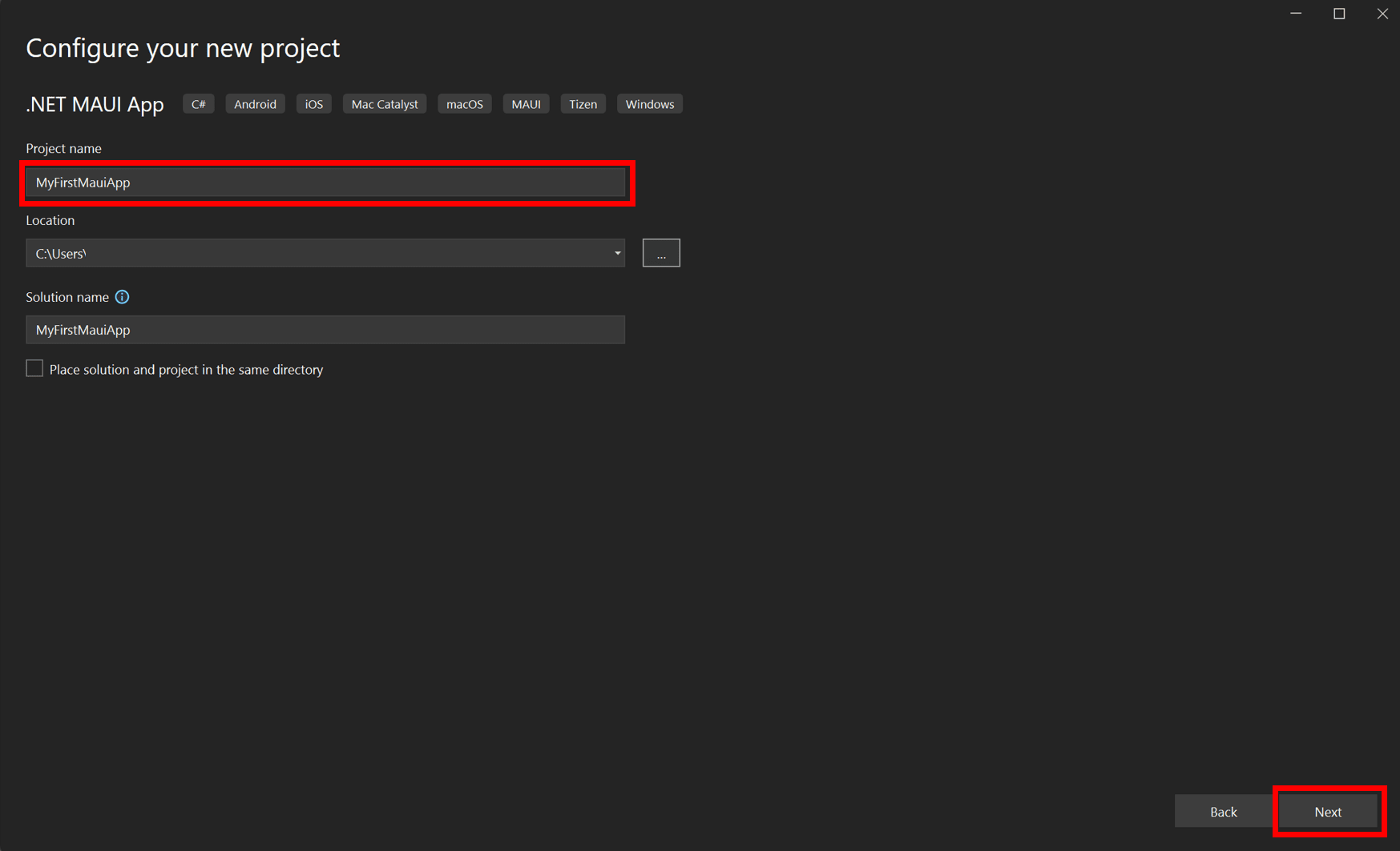 Visual Studio configure your new project dialog with MyFirstMauiApp as the project name