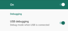 Android device's settings screen on the about developer settings screen displaying USB debugging option that is turned on.